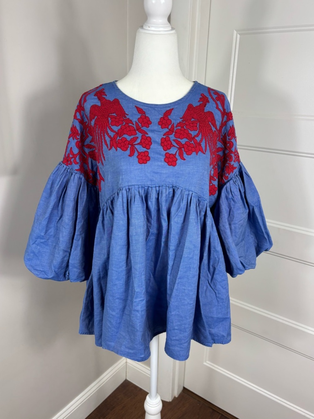 Hemant & Nandita Embroidered Lianna Chambray Blouse XS